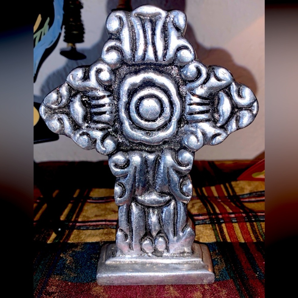 Mexican Pewter Cross 5.25” Rustic Folk Art Handcrafted Religious Decor